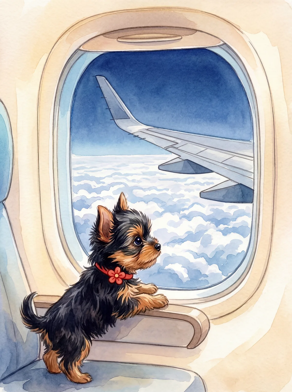 Luna at an airplane window, paws on the seat, clouds and wing beyond — crossing the ocean to her new family