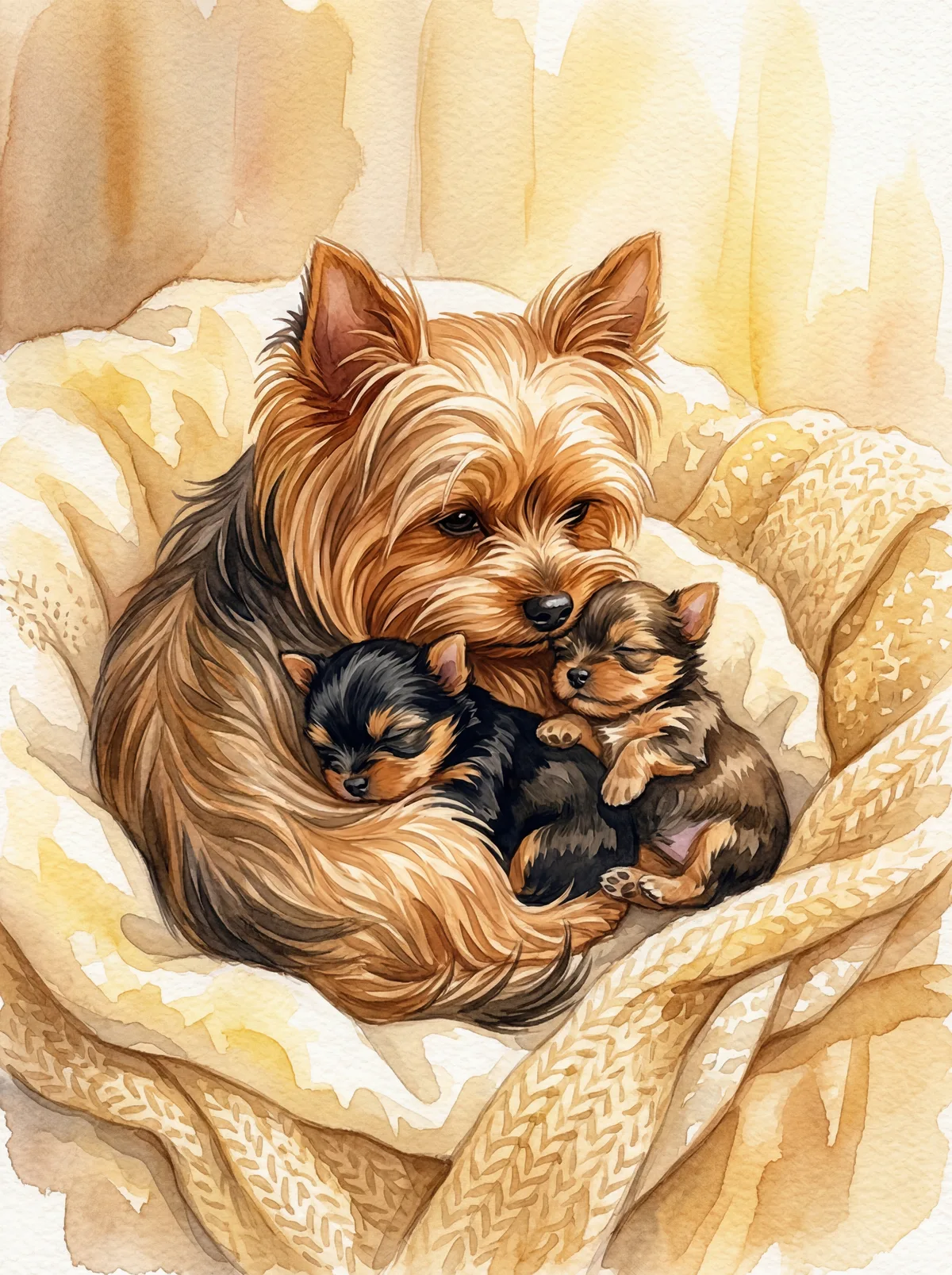 Luna as a tiny puppy curled up with her mama and sibling, warm and safe in a soft blanket