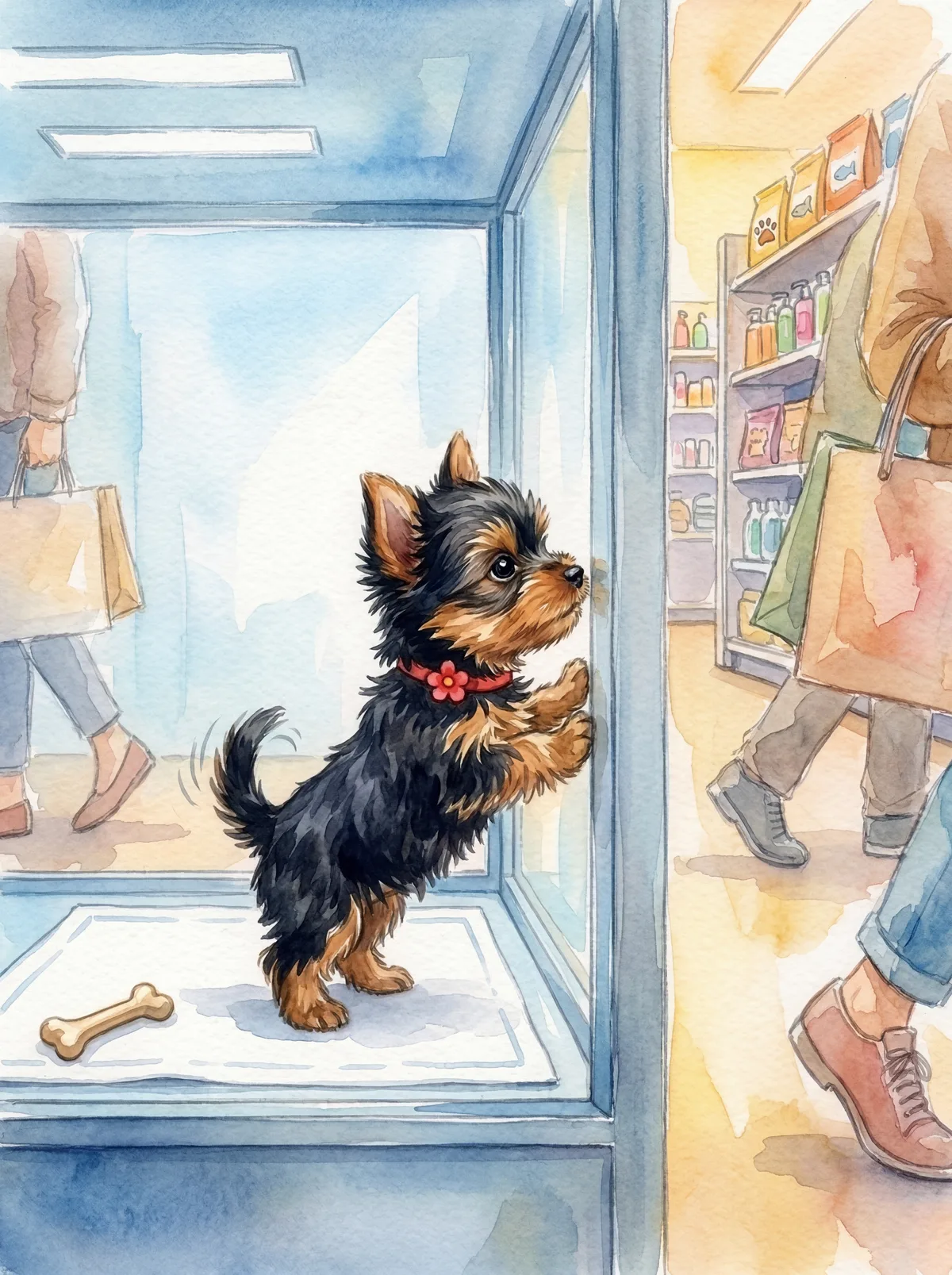 Luna alone in the pet-store glass window, watching shoppers pass by