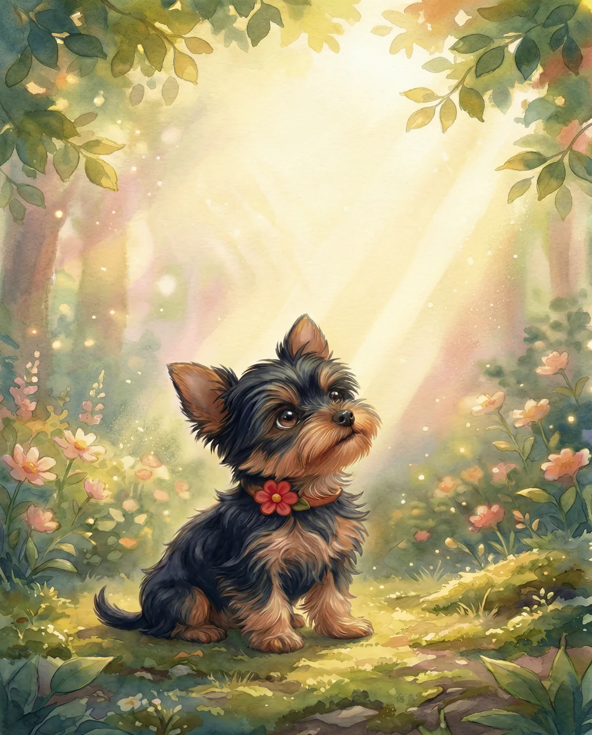 Watercolor illustration of Luna the Yorkie sitting in a sunlit forest